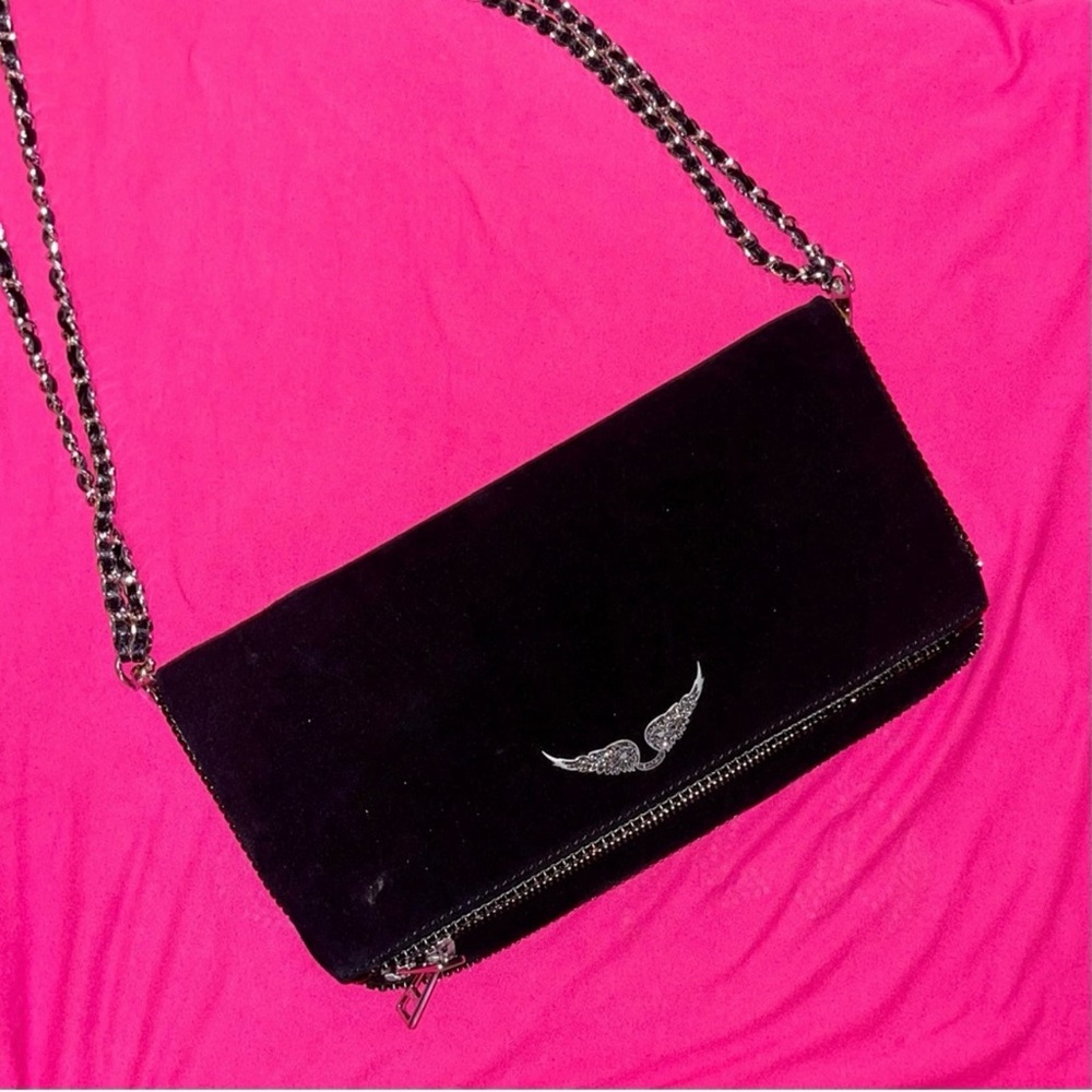 Zadig & Voltaire Black Velvet Clutch with Silver Chain